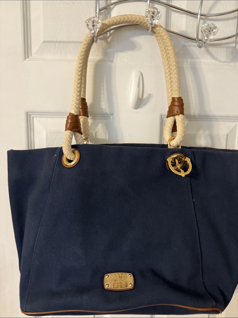 Michael Kors Navy Canvas Tote with Cream Rope Handles